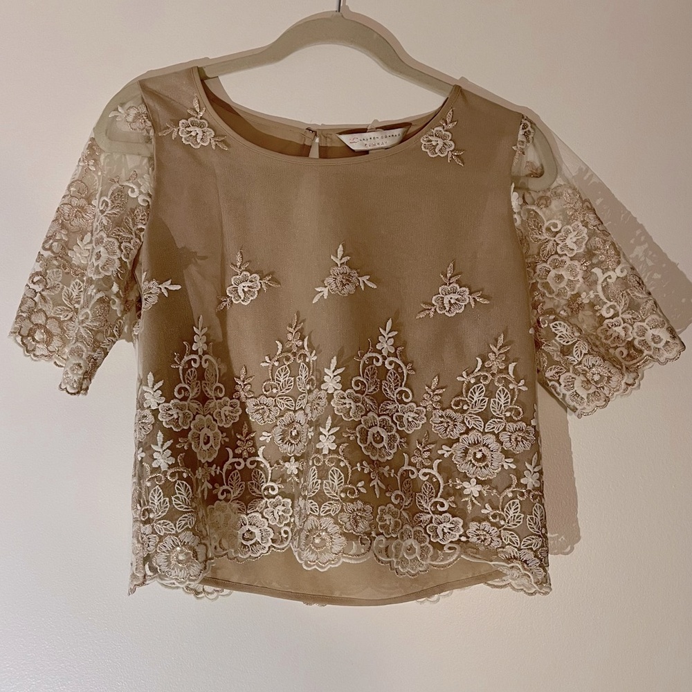 LC Lauren Conrad Runway Collection Limited Edition Beige Sparkle Lace Top Size 6
